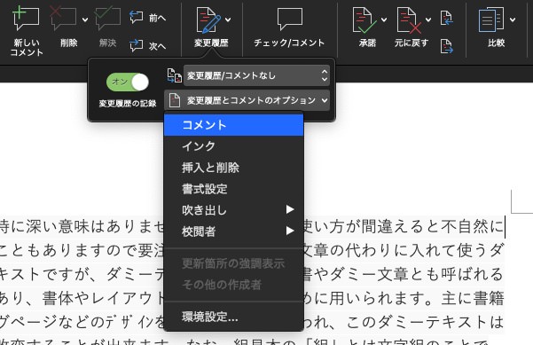 Word校閲機能：変更履歴・コメント表示設定