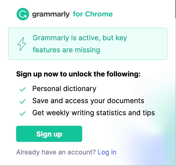 Grammarly：Chrome拡張ウィンドウ（未登録）